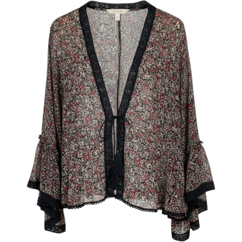 Free People Black Floral Lola Kimono Top S Bell Sleeve Boho Tassel Chiffon